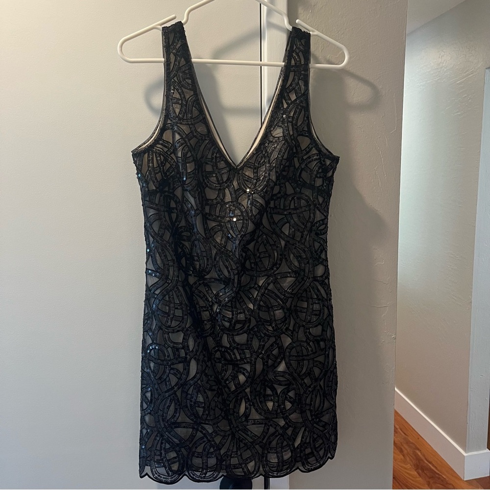 Bebe Black Sequin Cocktail Party Dress Size S Nude Underlayer